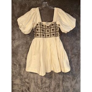 Love the Label Anthropologie Cream Crochet Bubble Sleeve Mini Dress Lg #769